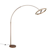 Moderne LED-Bogenleuchte in Bronze mit rundem Sockel und kreisförmigem Lampenschirm, seitliche Perspektive