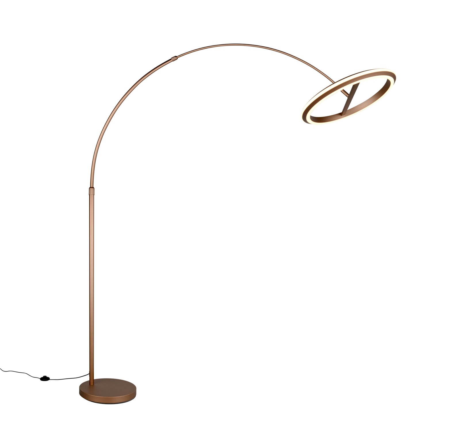 Moderne LED-Bogenleuchte in Bronze mit rundem Sockel und kreisförmigem Lampenschirm, seitliche Perspektive