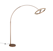 Moderne LED-Bogenleuchte in Bronze mit rundem Sockel und kreisförmigem Lampenschirm, seitliche Perspektive