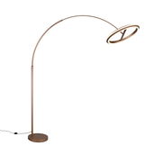 Moderne LED-Bogenleuchte in Bronze mit rundem Sockel und kreisförmigem Lampenschirm, seitliche Perspektive