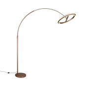 Moderne LED-booglamp in brons met ronde voet en cirkelvormige lampenkap, zijaanzicht