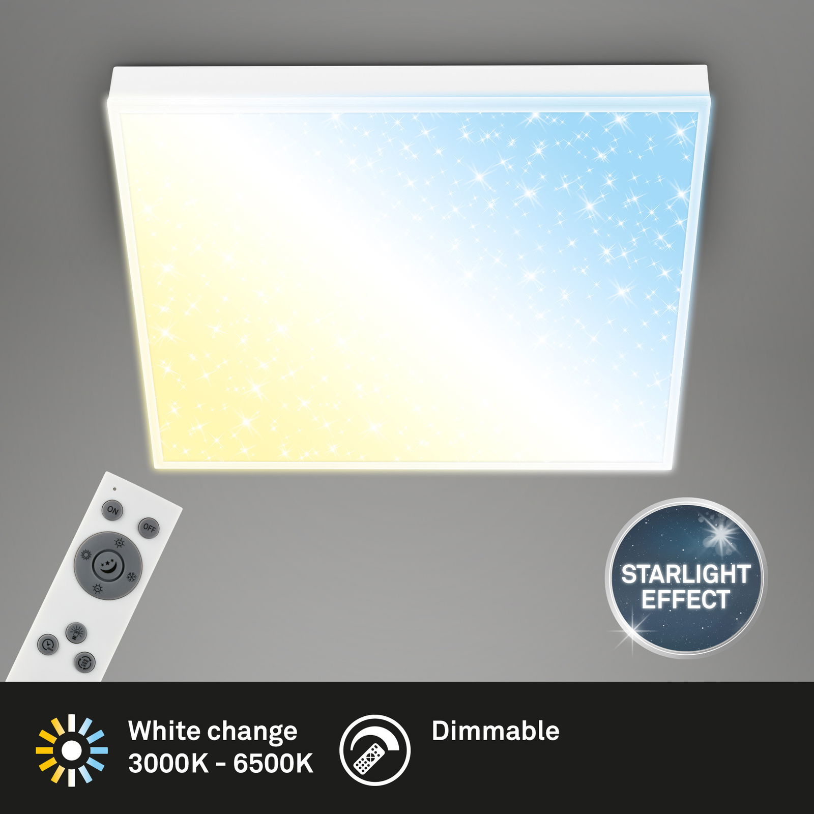 LED-Deckenleuchte mit Starlight-Effekt, dimmbar und Farbtemperatur einstellbar von 3000K bis 6500K, inklusive Fernbedienung, Ansicht von unten.