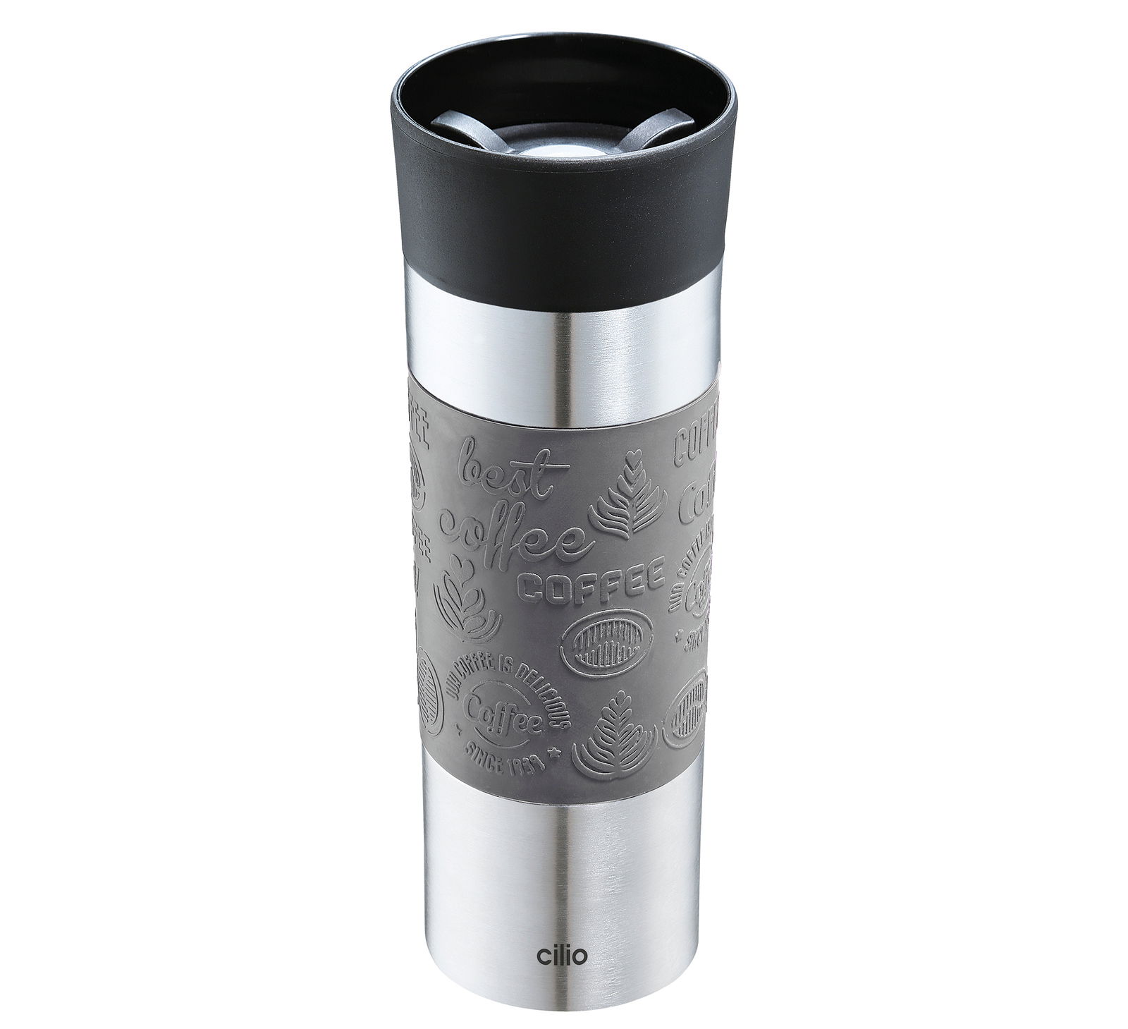 Cilio Isoliertrinkbecher VIAGGIO Grauer Isoliertrinkbecher 500ml mit schwarzem Deckel und geprägtem Kaffeedesign, seitliche Ansicht