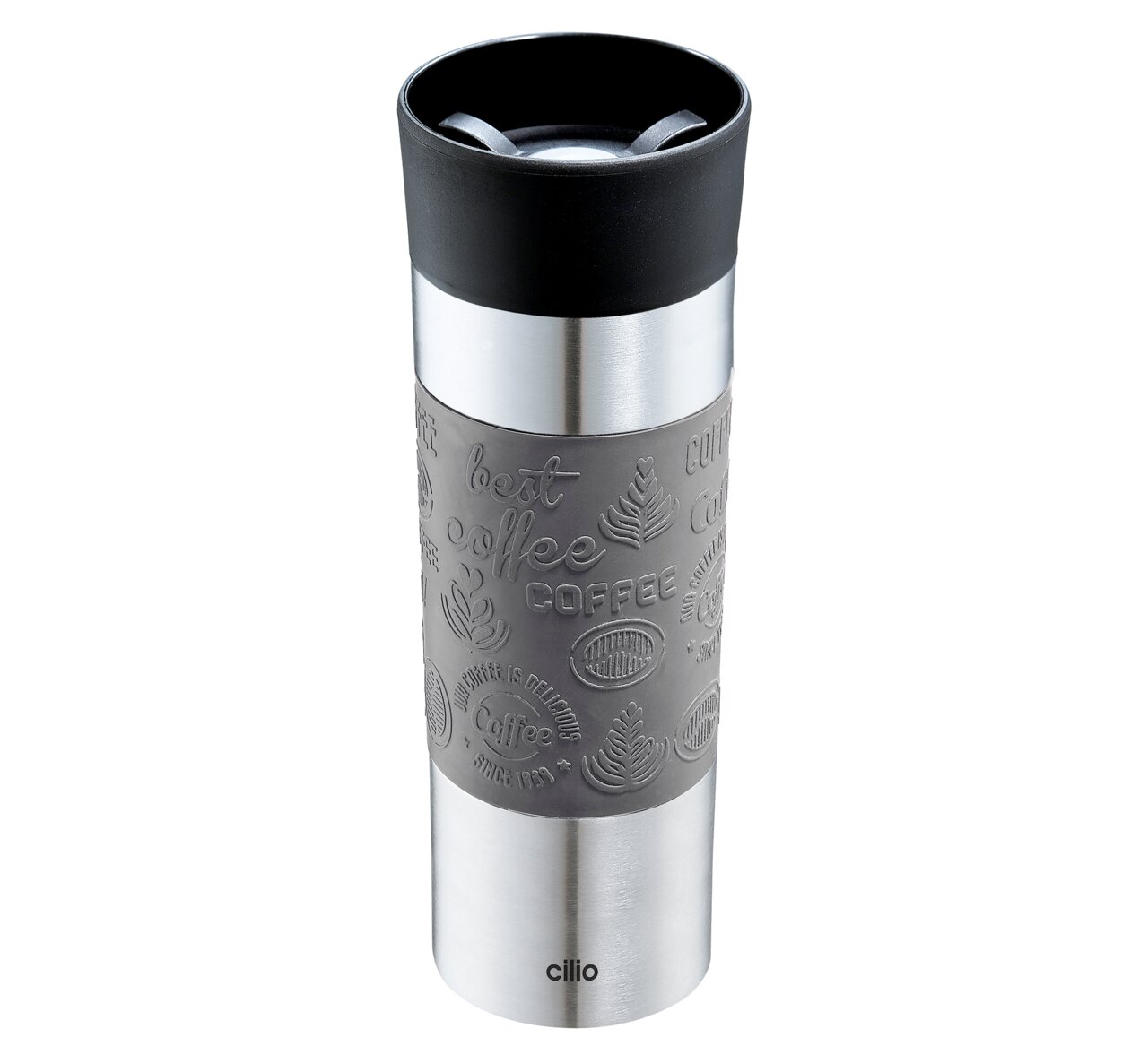 Grauer Isoliertrinkbecher 500ml mit schwarzem Deckel und geprägtem Kaffeedesign, seitliche Ansicht