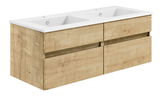 Moderne Badkombination mit zwei Waschbecken und Holzoptik, seitliche Perspektive