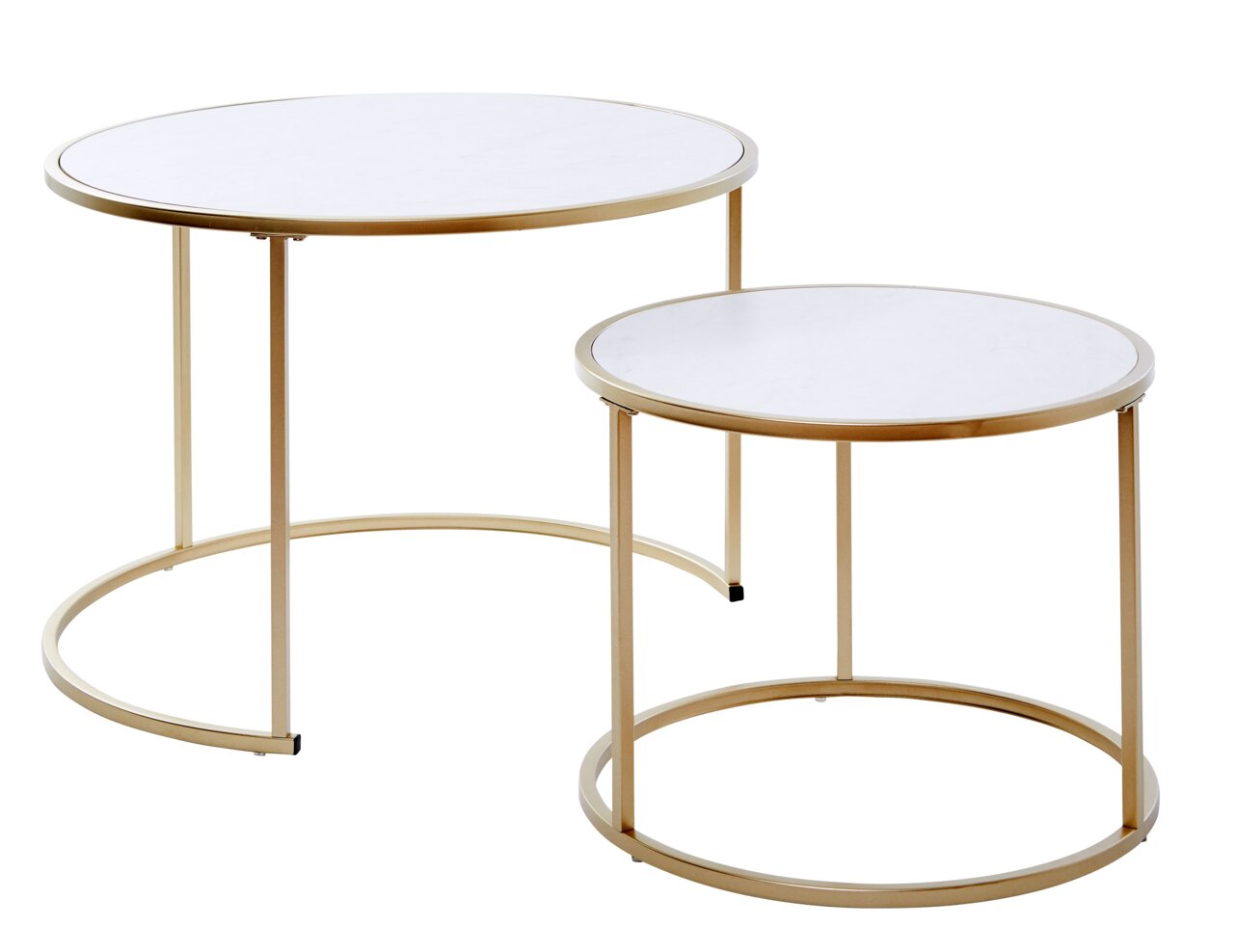 Jahnke Salontafelset SOL Set van twee salontafels met ronde, witte tafelbladen en gouden metalen onderstellen, zijaanzicht