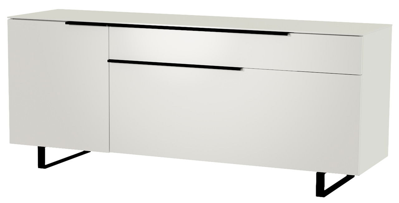 Weißes TV-Lowboard mit zwei Türen und einer Schublade, seitliche Perspektive