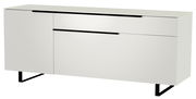 Weißes TV-Lowboard mit zwei Türen und einer Schublade, seitliche Perspektive