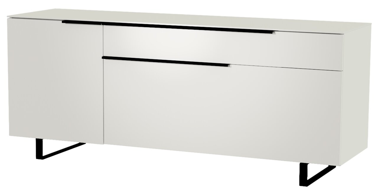 Weißes TV-Lowboard mit zwei Türen und einer Schublade, seitliche Perspektive