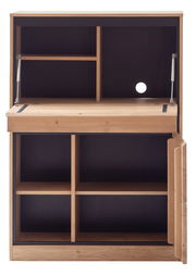 Frontansicht eines modernen Sekretärs aus Holz mit mehreren offenen Fächern und einer Klapptür.