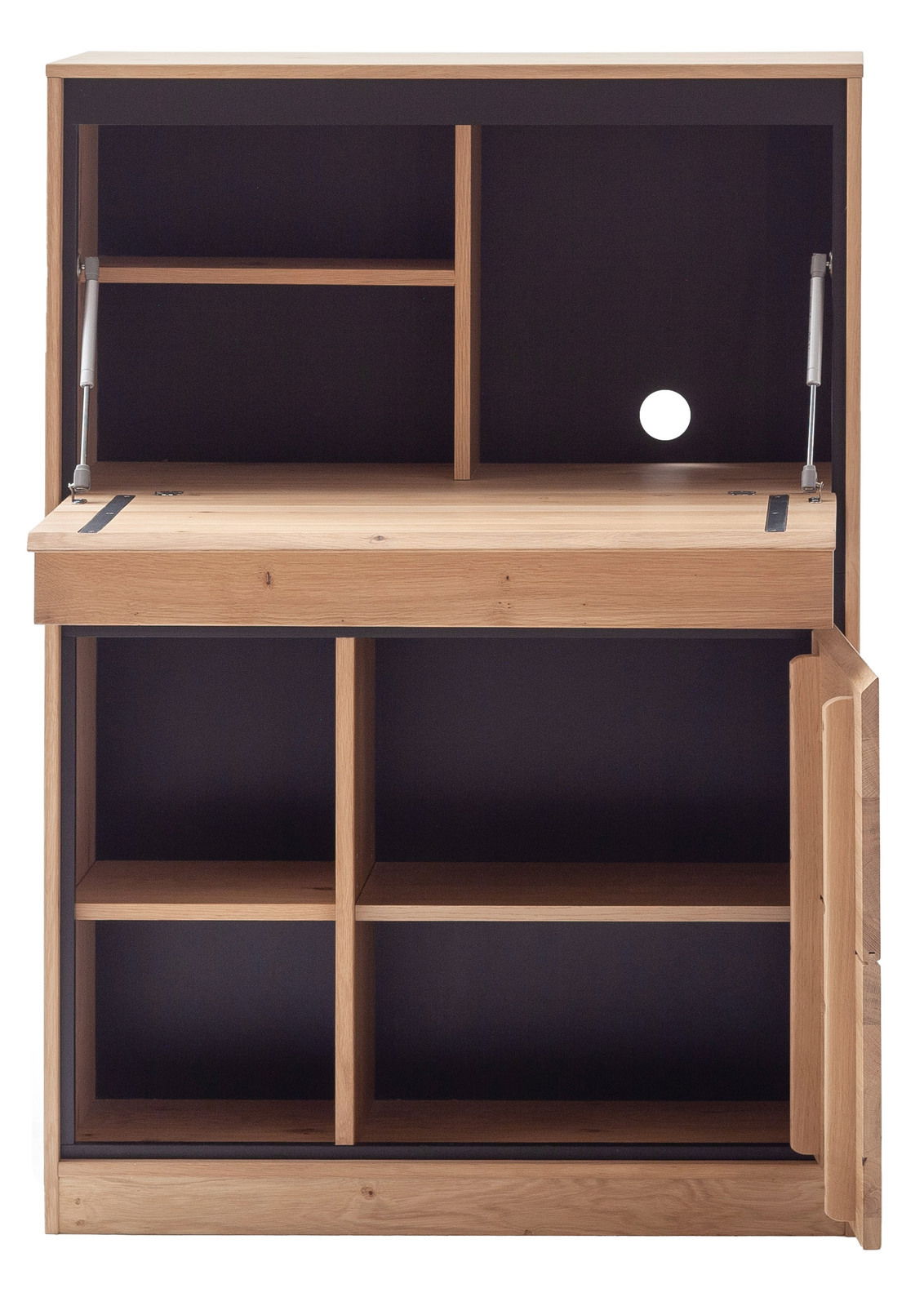 Frontansicht eines modernen Sekretärs aus Holz mit mehreren offenen Fächern und einer Klapptür.