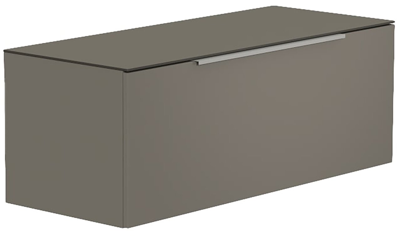 Graues Hänge-Lowboard mit schlichtem Design, seitliche Perspektive