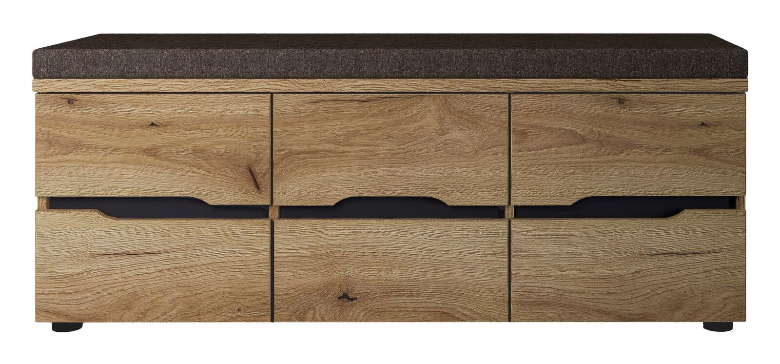 Frontansicht einer XL-Garderobenbank aus Holz mit drei Schubladen und gepolsterter Sitzfläche in dunklem Stoff.