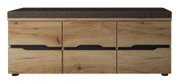 Frontansicht einer XL-Garderobenbank aus Holz mit drei Schubladen und gepolsterter Sitzfläche in dunklem Stoff.