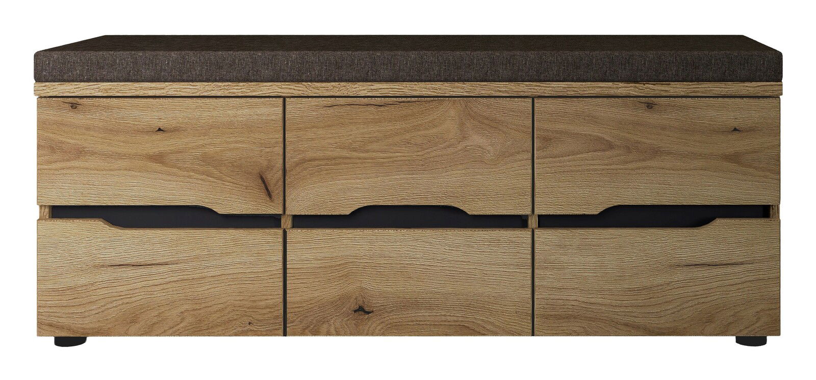 Frontansicht einer XL-Garderobenbank aus Holz mit drei Schubladen und gepolsterter Sitzfläche in dunklem Stoff.
