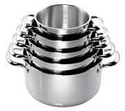 Stapel von glänzenden Edelstahl-Töpfen mit Griffen, von oben betrachtet.