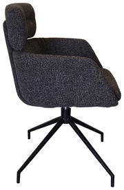 Grauer Armlehnstuhl mit schwarzem Metallgestell, seitliche Perspektive