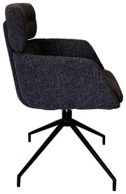 Grauer Armlehnstuhl mit schwarzem Metallgestell, seitliche Perspektive