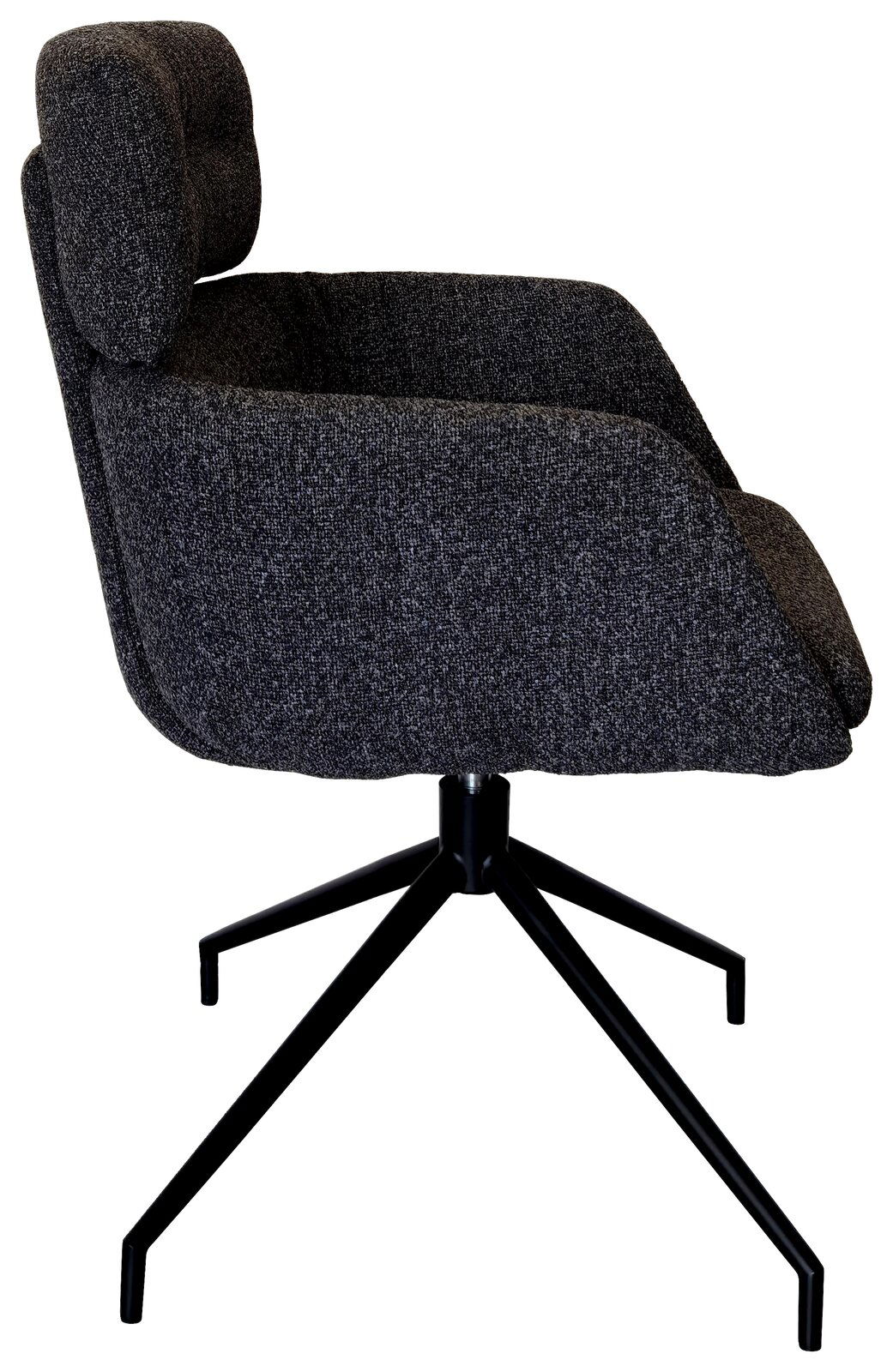 Grauer Armlehnstuhl mit schwarzem Metallgestell, seitliche Perspektive