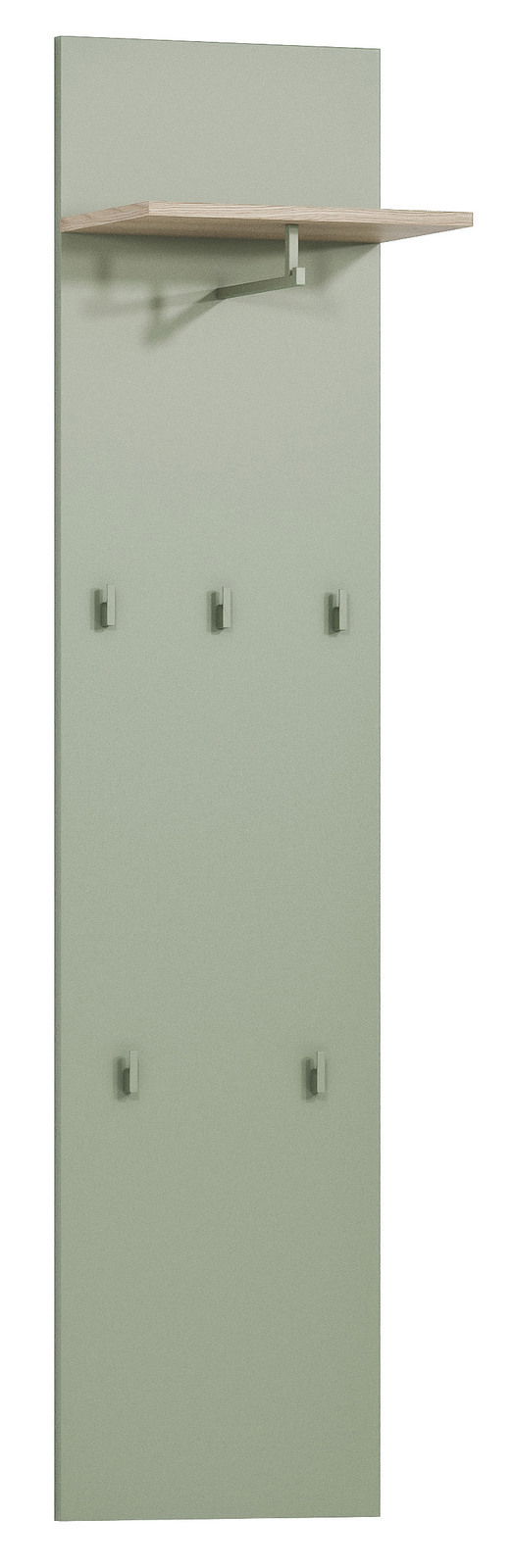 Voleo Garderobenpaneel lang MILTON Garderobenpaneel in Grün mit sechs Haken und einem oberen Regalbrett, Frontalansicht