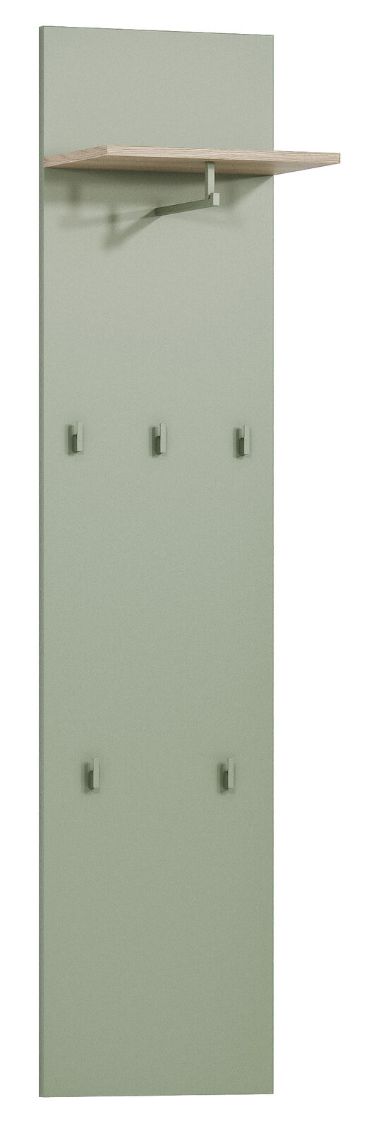 Garderobenpaneel in Grün mit sechs Haken und einem oberen Regalbrett, Frontalansicht