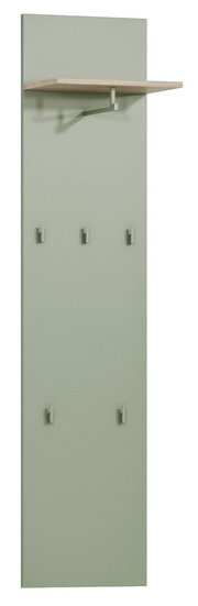 Garderobenpaneel in Grün mit sechs Haken und einem oberen Regalbrett, Frontalansicht