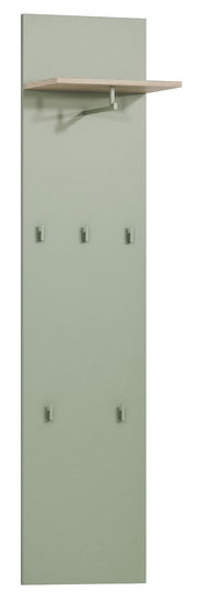 Garderobenpaneel in Grün mit sechs Haken und einem oberen Regalbrett, Frontalansicht