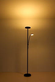 Moderne Stehleuchte mit zwei Lichtquellen, frontal abgebildet, die warmes Licht an die Decke und in den Raum strahlt.
