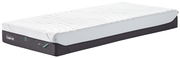 Viscomatratze 90x200 medium in seitlicher Perspektive mit weißem Bezug und schwarzem Rand
