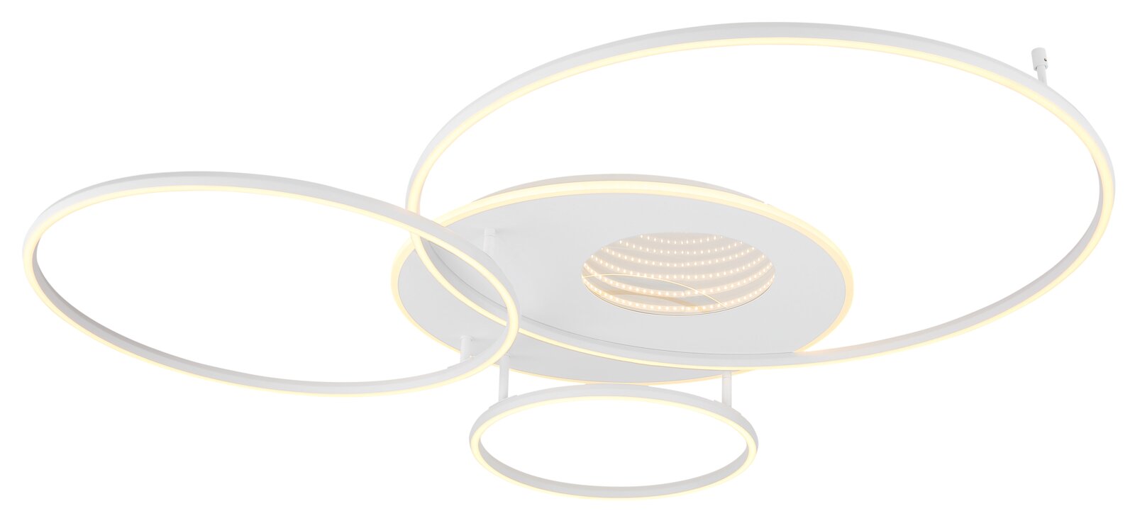 Moderne led-plafondlamp met drie lichtgevende ringen, zijaanzicht