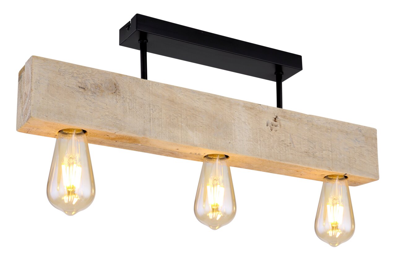 Globo Lighting Deckenleuchte ADALIE Deckenleuchte mit drei hängenden Glühbirnen, montiert an einem rustikalen Holzbalken, seitliche Perspektive