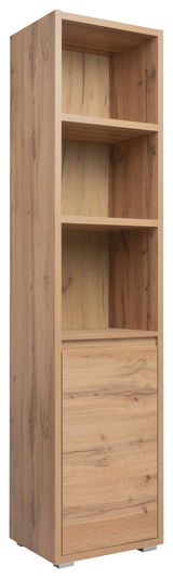 Holzregal mit drei offenen Fächern und einer Tür, Perspektive von vorne links