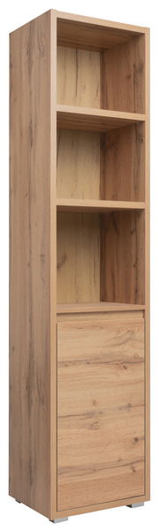 Holzregal mit drei offenen Fächern und einer Tür, Perspektive von vorne links