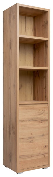Houten plank met drie open vakken en een deur, gezien vanaf links vooraan