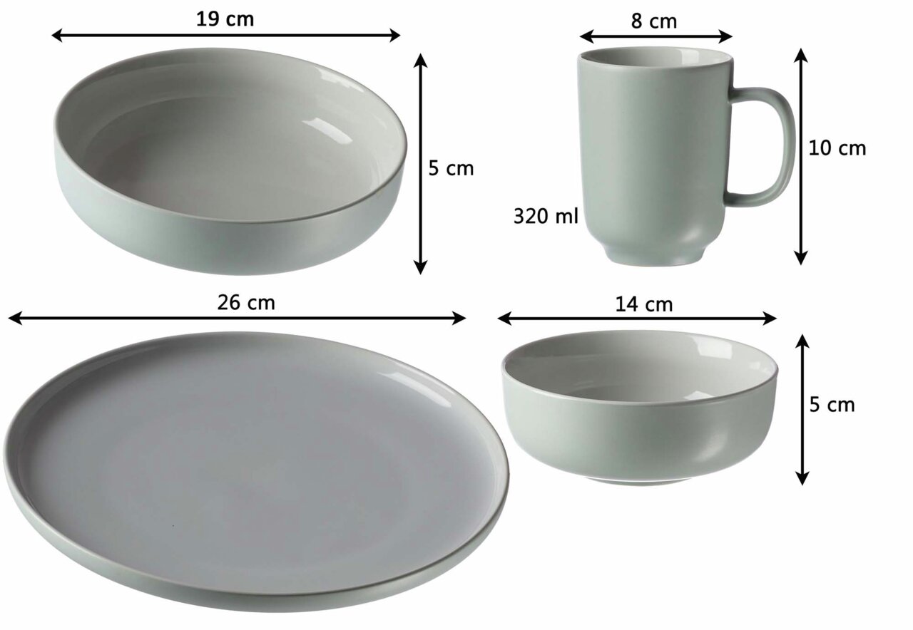 Ritzenhoff & Breker Kombiservice 16-tlg. JASPER Kombiservice Jasper 16-teilig, bestehend aus einem flachen Teller (26 cm), einer Schale (19 cm), einer kleinen Schale (14 cm) und einer Tasse (320 ml), in seitlicher Perspektive.