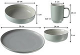 Kombiservice Jasper 16-teilig, bestehend aus einem flachen Teller (26 cm), einer Schale (19 cm), einer kleinen Schale (14 cm) und einer Tasse (320 ml), in seitlicher Perspektive.