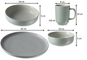 Kombiservice Jasper 16-teilig, bestehend aus einem flachen Teller (26 cm), einer Schale (19 cm), einer kleinen Schale (14 cm) und einer Tasse (320 ml), in seitlicher Perspektive.