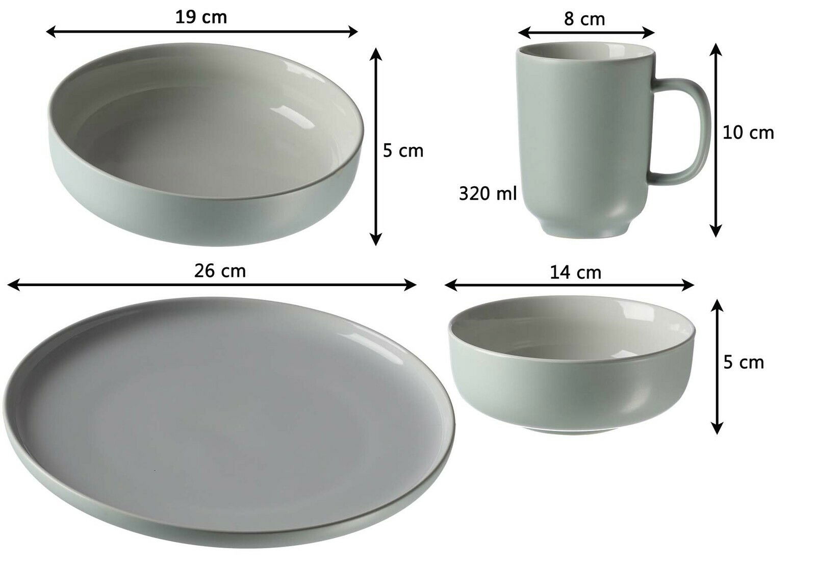 Kombiservice Jasper 16-teilig, bestehend aus einem flachen Teller (26 cm), einer Schale (19 cm), einer kleinen Schale (14 cm) und einer Tasse (320 ml), in seitlicher Perspektive.