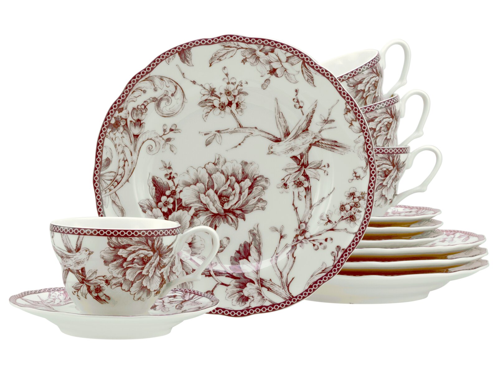 Creatable Kaffeeservice 12-tlg ADELAIDE Porzellan-Gedeck mit Tasse und Untertasse sowie passenden Tellern, weiß mit bordeauxrotem Blumen- und Vogeldekor und Bordüre, Produktansicht leicht schräg von vorn vor weißem Hintergrund