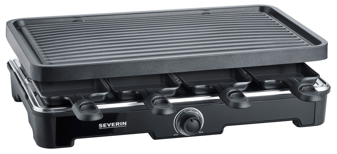 Raclette Grill 8er von vorne mit Grillplatte und Pfännchen