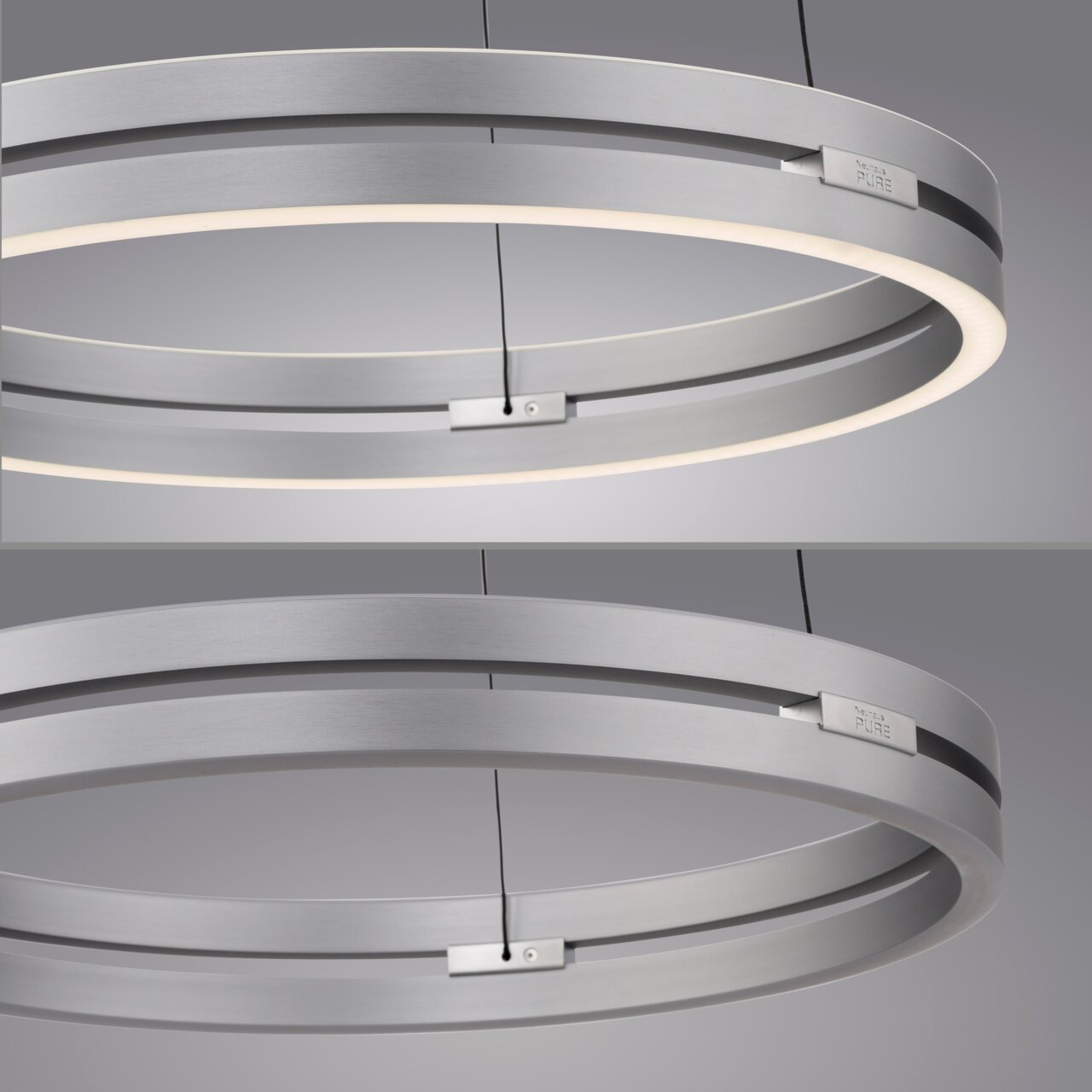Moderne Pendelleuchte PURE E-Loop in silberner Metalloptik, seitliche Perspektive