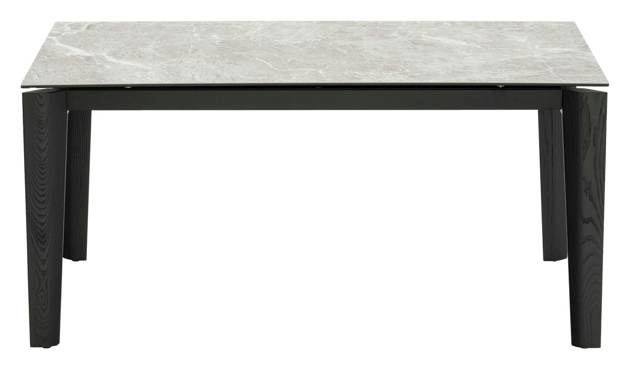 Moderner Esstisch mit schwarzem Gestell und heller Marmoroptik-Tischplatte, Frontalansicht.