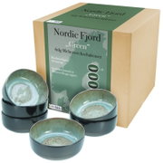 6-teiliges Mehrzweckschalenset „Nordic Fjord Green“ aus hochwertigem Steinzeug, spülmaschinenfest und mikrowellengeeignet, Verpackung mit mehreren grünen Schalen in schräger Frontansicht (3/4-Perspektive)