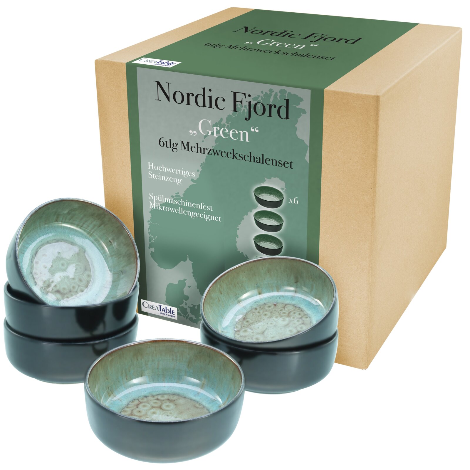 6-teiliges Mehrzweckschalenset „Nordic Fjord Green“ aus hochwertigem Steinzeug, spülmaschinenfest und mikrowellengeeignet, Verpackung mit mehreren grünen Schalen in schräger Frontansicht (3/4-Perspektive)