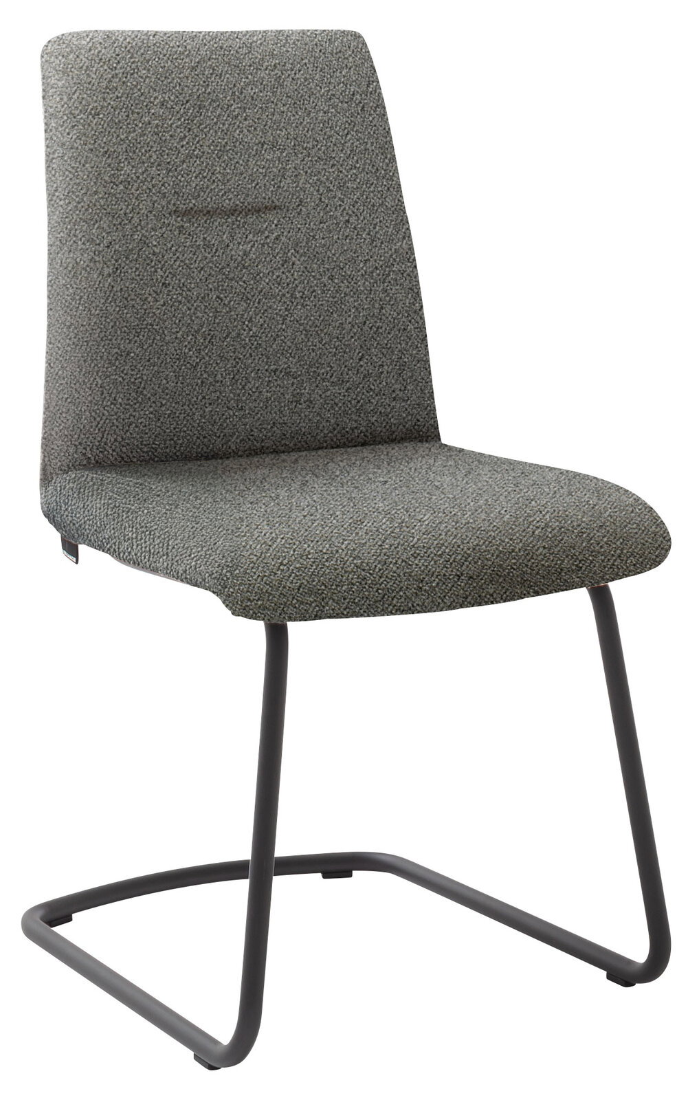 Grauer Stuhl mit Stoffbezug und schwarzem Metallgestell, seitliche Perspektive