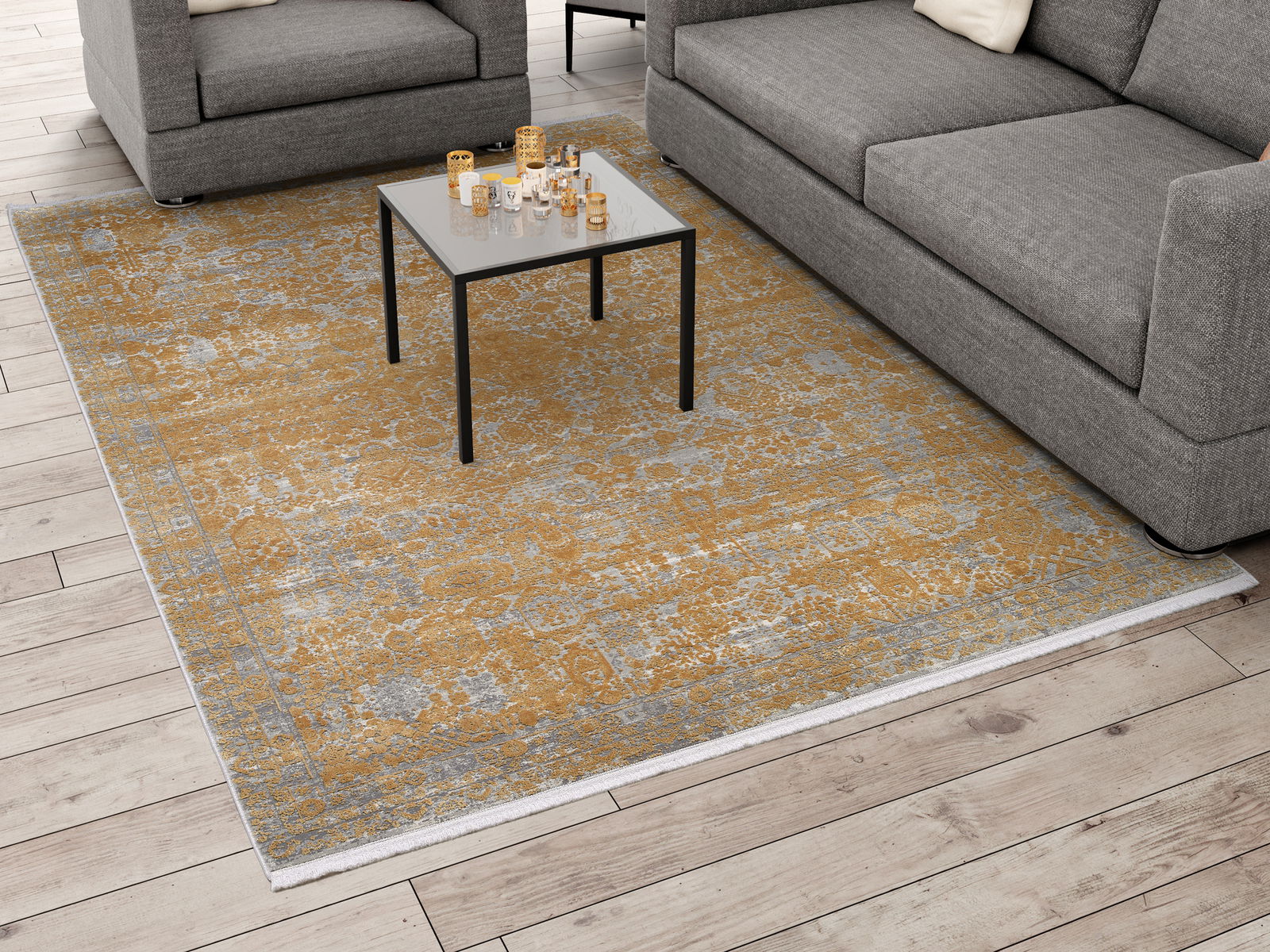 Designer Teppich in einem modernen Wohnzimmer, mit grauem Sofa und Couchtisch, aus der Vogelperspektive.