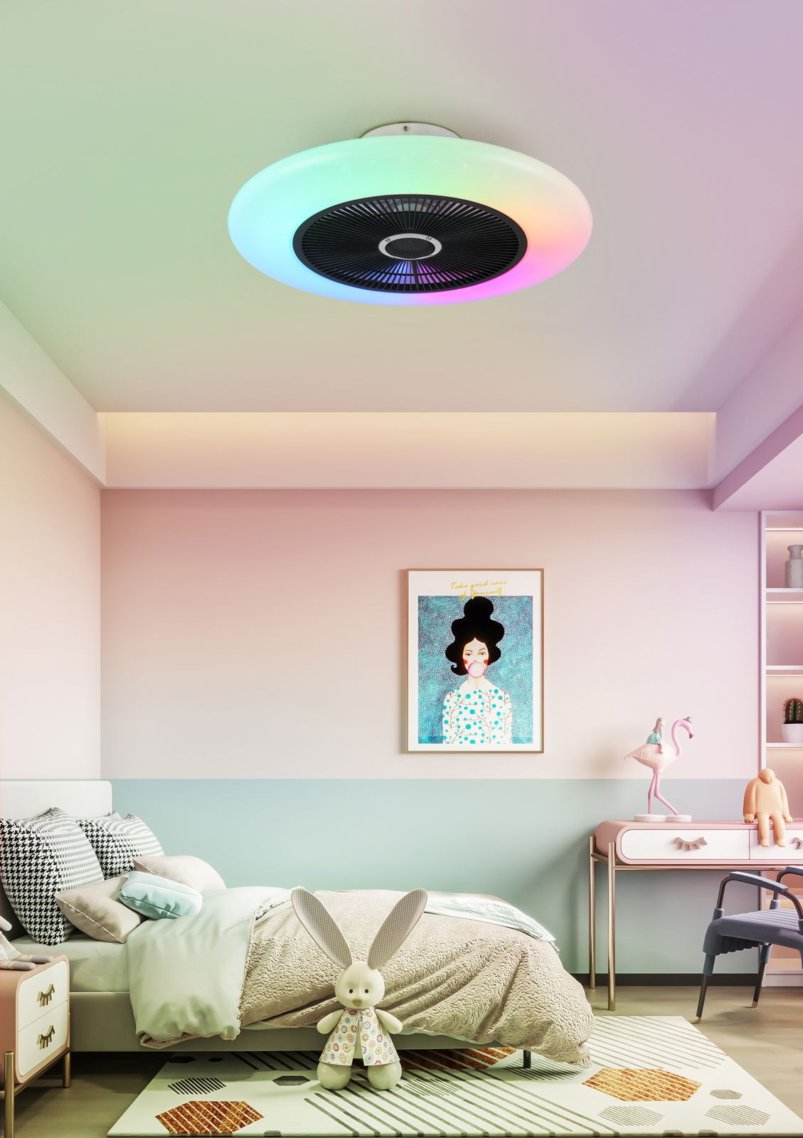 Mican Deckenventilator STERNEFFEKT Deckenventilator mit farbwechselnder LED-Beleuchtung in einem stilvollen Schlafzimmer, Perspektive von unten