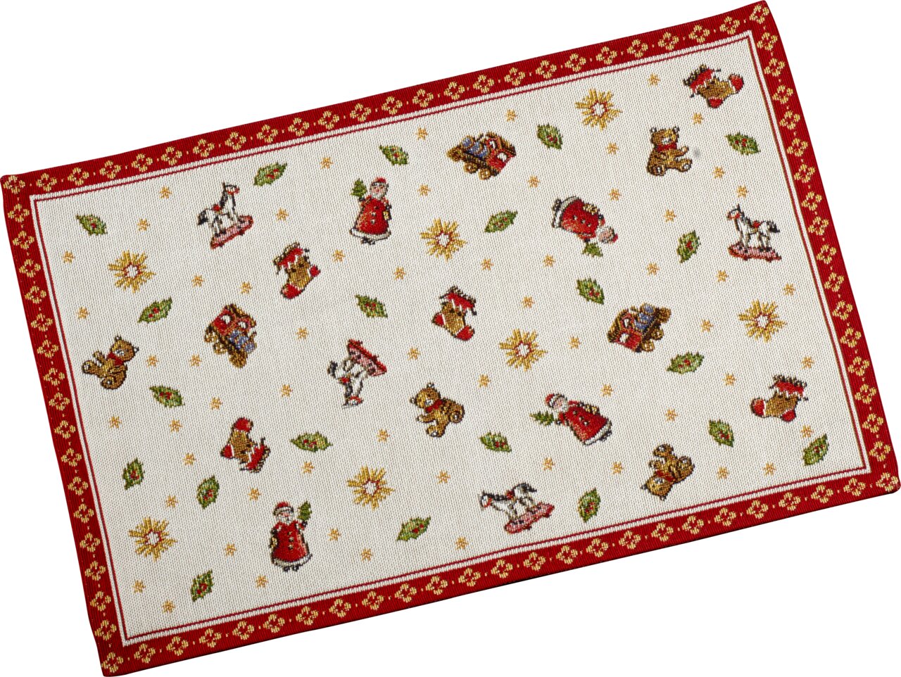 Gobelin-placemat met kerstmotieven zoals speelgoed en figuurtjes, gefotografeerd vanuit vogelperspectief