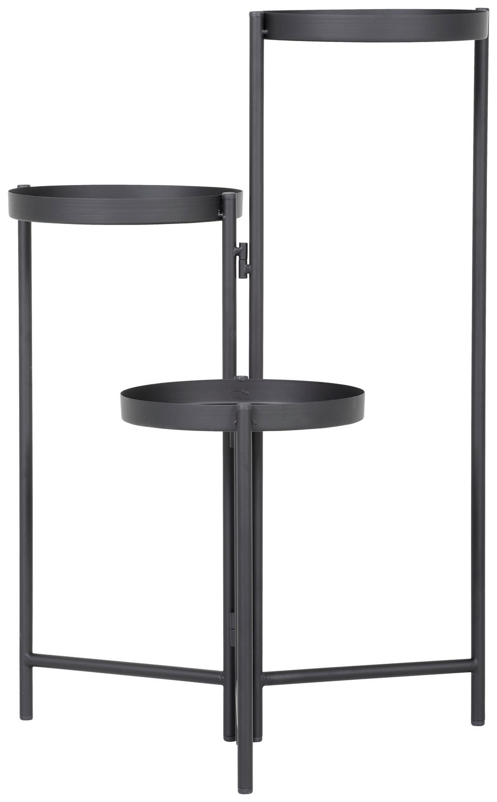 Moderner schwarzer Blumenständer mit zwei runden Ablagen, seitliche Perspektive