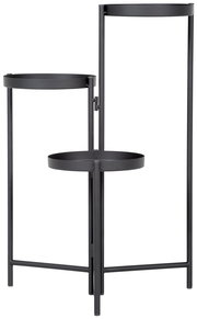 Moderner schwarzer Blumenständer mit zwei runden Ablagen, seitliche Perspektive
